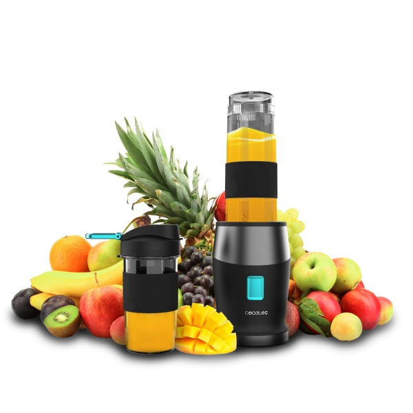 cecotec power titanium 900 progo hand juice batidora de vaso 900w tapon plegable antideslizante 4 cuchillas de titanio 2 vasos portatiles de 570ml color negro y azul