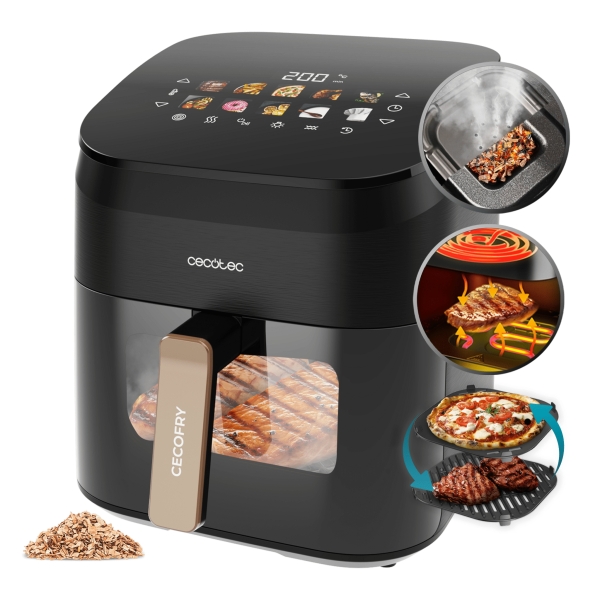 cecotec cecofry and grill smokin' 6500 plus freidora de aire 2200w capacidad 6.5l temperatura regulable hasta 200ºc ahumador integrado ventana de visualizacion color negro