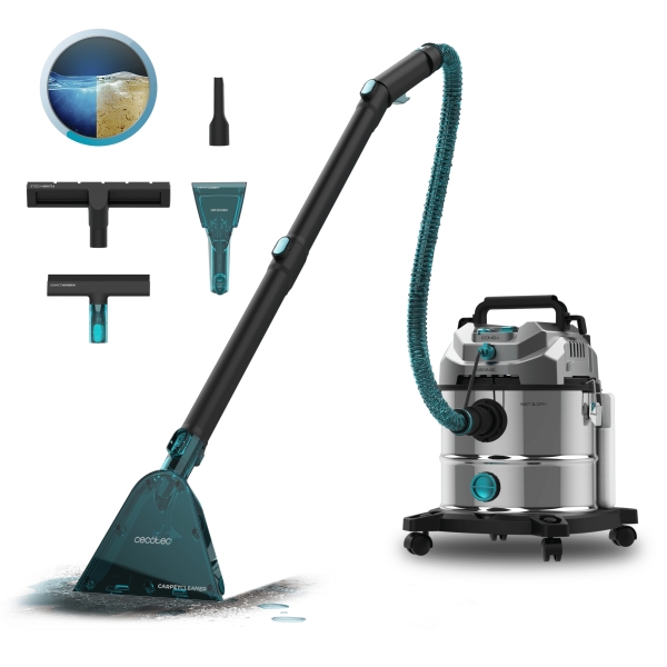 cecotec conga carpetclean 20000 pro ultra aspirador para tapiceria de solidos y liquidos 1600w 21kpa 2 depositos de 20l y 4.2 l incluye accesorios radio accion 8.5m pulverizador color acero y negro