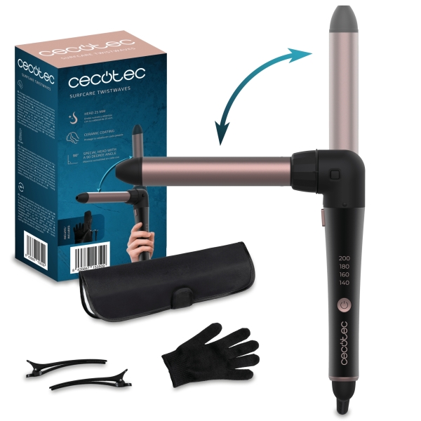 cecotec surfcare 3200 twistwaves rizador de pelo de 32mm codo de 90 grados temperatura regulable hasta 200 ºc cabezales incluidos revestimiento ceramico color negro