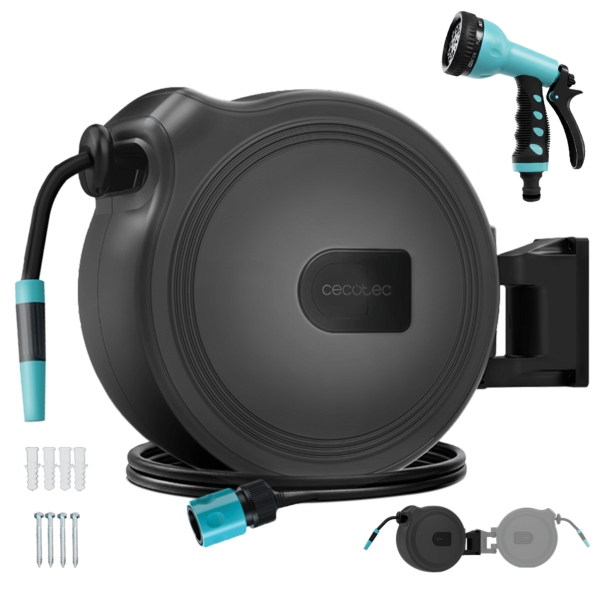 cecotec hydroshell 10 manguera de 10m recogida automatica giro 180º accesorios incluidos tambor extraible pistola pulverizadora conexion universal color negro