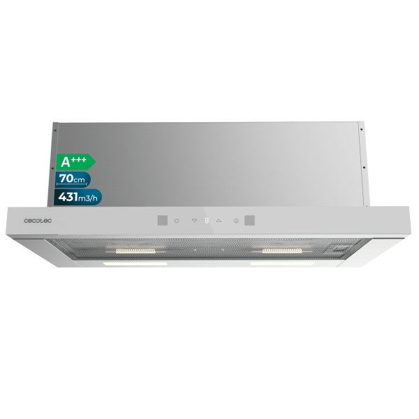cecotec bolero flux tlt 704400 glass white a+++ campana extractora telescopica de 70cm 431.2m3/h led pantalla acero inoxidable filtros aptos para lavavajillas filtros de carbono color blanco