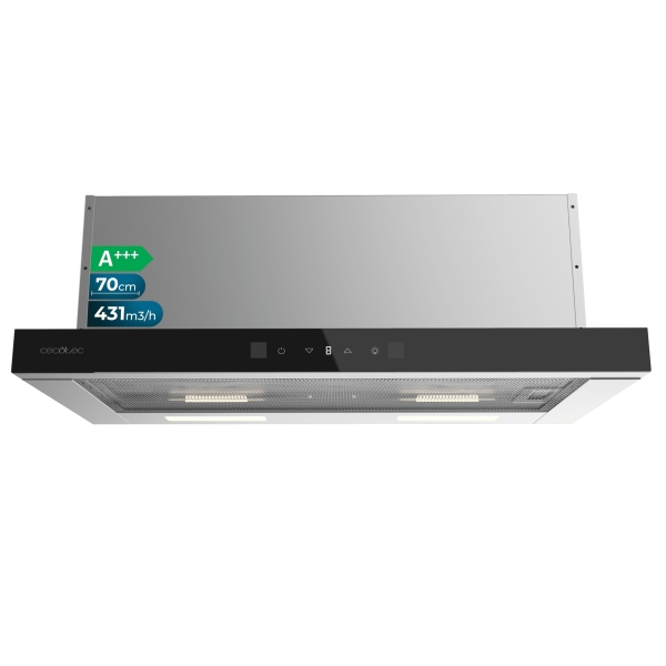 cecotec bolero flux tlt 704400 glass black a+++ campana extractora telescopica de 70cm 431.2m3/h led pantalla acero inoxidable filtros aptos para lavavajillas filtros de carbono color negro