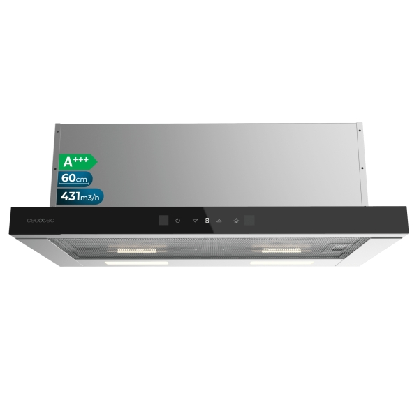 cecotec bolero flux tlt 604400 glass black a+++ campana extractora telescopica de 60cm 431.2m3/h led pantalla acero inoxidable filtros aptos para lavavajillas filtros de carbono color negro