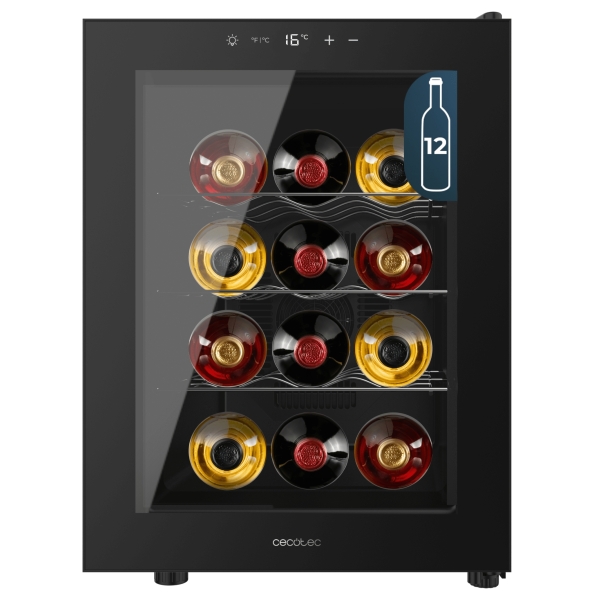 cecotec bolero grandsommelier 1255 coolcrystal vinoteca para 12 botellas silencioso 35db luz led pantalla led temperatura regulable control tactil color negro