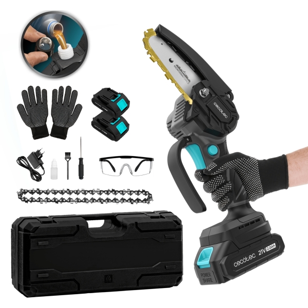 cecotec montanaforce 4000 hand sierra de podar inalambrica 400w 2 baterias 21v 2ah incluye accesorios engrasador de cadena maletin color gris oscuro