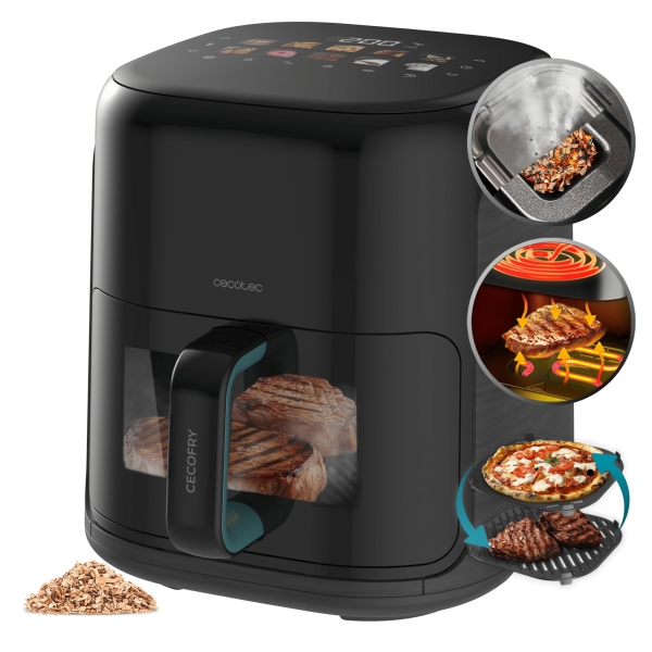 cecotec cecofry and grill smokin'prime 4000 freidora de aire 1900w capacidad 4l temperatura regulable hasta 200ºc ahumador integrado doble resistencia ventana de visualizacion color negro