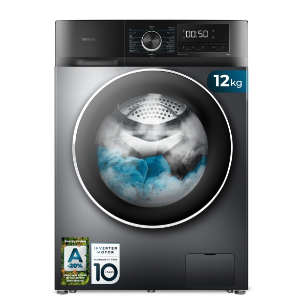cecotec bolero dresscode 12500 inverter steel lavadora de carga frontal capacidad 12kg velocidad 1400rpm motor inverter inicio programable 16 programas color negro y gris