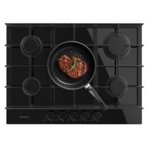 cecotec bolero squad g 5400f glass black cocina de gas encastrable 5 quemadores acabado en cristal negro 10.4kw parrillas de hierro fundido wok de triple corona color negro