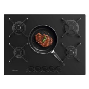 cecotec bolero squad g 5400s nano glass cocina de gas encastrable 5 quemadores acabado en cristal negro 10.4kw parrillas de hierro fundido wok de triple corona color negro