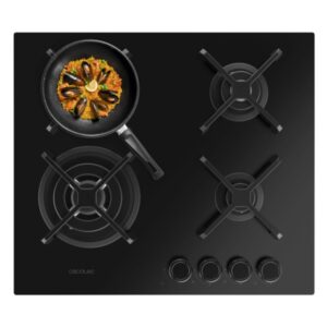cecotec bolero squad g 4400s nano glass cocina de gas encastrable 4 quemadores acabado en cristal negro 8kw parrillas de hierro fundido wok de triple corona color negro