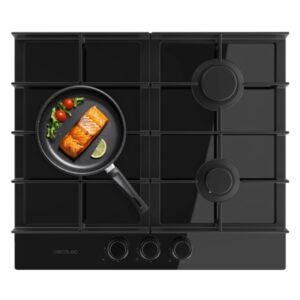 cecotec bolero squad g 3400f glass black cocina de gas encastrable 3 quemadores acabado en cristal negro 6.2kw parrillas de hierro fundido wok de triple corona color negro