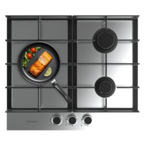 cecotec bolero squad g 3400f inox cocina de gas encastrable 3 quemadores acero inoxidable 6.2kw parrillas de hierro fundido wok de triple corona color acero