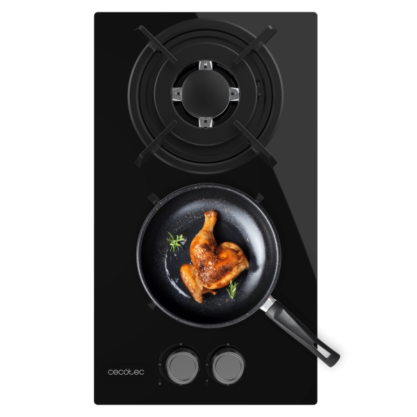 cecotec bolero squad g 2200s glass black cocina de gas encastrable 2 quemadores acabado en cristal negro 5.25kw parrillas de hierro fundido inyector convertor a glp color negro