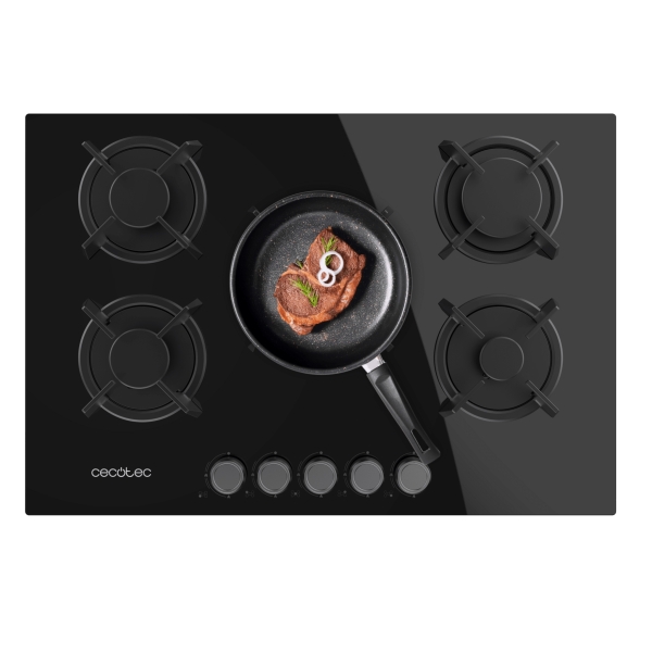 cecotec bolero squad g 5200s glass black cocina de gas encastrable 5 quemadores acabado en cristal negro 11kw parrillas de hierro fundido inyector convertor a glp color negro