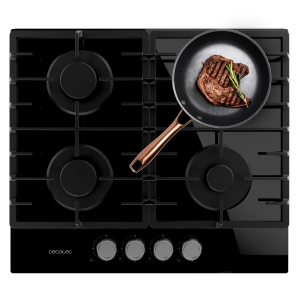 cecotec bolero squad g 4200f glass black cocina de gas encastrable 4 quemadores acabado en cristal negro 8kw parrillas de hierro fundido inyector convertor a glp color negro