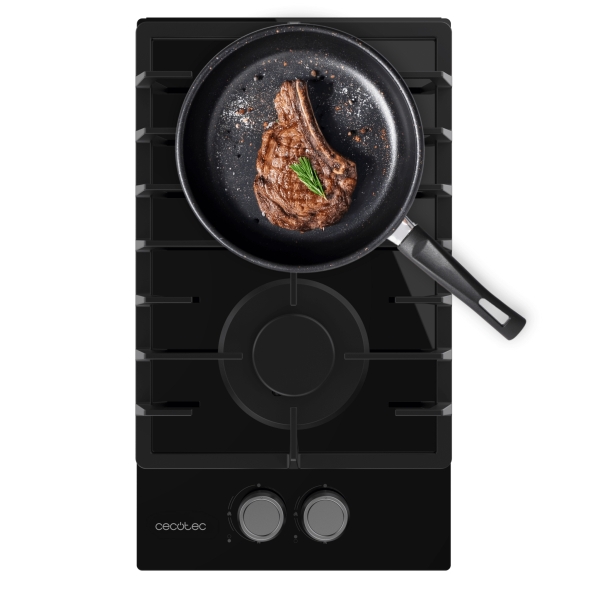 cecotec bolero squad g 2200f glass black cocina de gas encastrable 2 quemadores acabado en cristal negro 5.25kw parrillas de hierro fundido inyector convertor a glp color negro