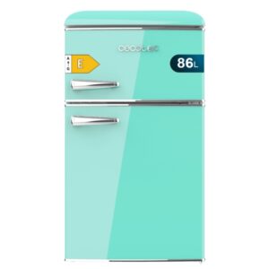 cecotec bolero coolmarket 2d origin 86 green e mini frigorifico de dos puertas de 86l luz led estilo retro tirador cromado cajon para vegetales 48.7x59.2x89.3cm color menta