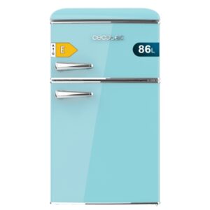 cecotec bolero coolmarket 2d origin 86 blue e mini frigorifico de dos puertas de 86l luz led estilo retro tirador cromado cajon para vegetales 48.7x59.2x89.3cm color turquesa