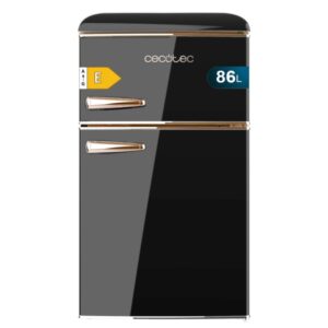 cecotec bolero coolmarket 2d origin 86 black e mini frigorifico de dos puertas de 86l luz led estilo retro tirador cromado cajon para vegetales 48.7x59.2x89.3cm color negro