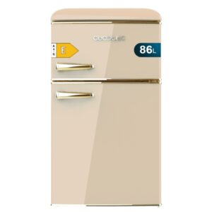 cecotec bolero coolmarket 2d origin 86 beige e mini frigorifico de dos puertas de 86l luz led estilo retro tirador cromado cajon para vegetales 48.7x59.2x89.3cm color beige