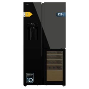 cecotec bolero coolmarket tdw 529 wid black glass e frigorifico americano con vinoteca 529l compresor inverter modo vacaciones puerta de cristal frio envolvente 91.1x70.6x183cm color negro