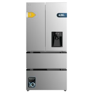 cecotec bolero coolmarket fd 436 wd inox e frigorifico puerta francesa de 4 puertas 463l compresor inverter modo vacaciones dispensador de agua frio envolvente 83.6x63.6x183cm color acero