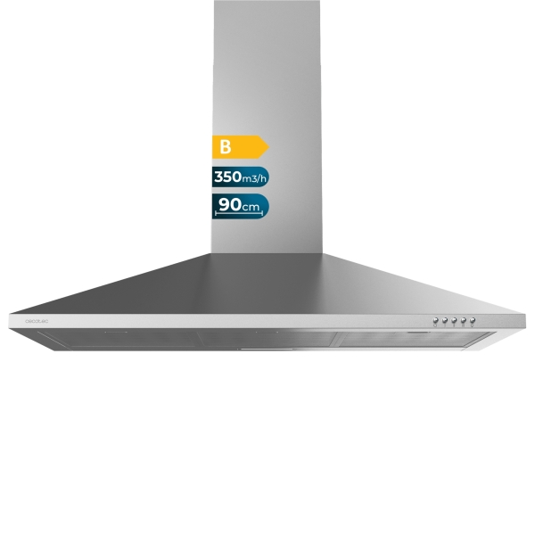 cecotec bolero flux pm 903500 inox b campana extractora de 90cm 65w succion 350m3/h luz led incluye accesorios acero inoxidable kit de montaje filtros de carbono incluidos color acero