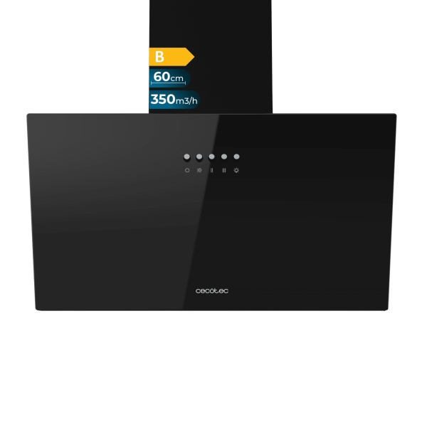 cecotec bolero flux dm 603500 glass black b campana extractora de 60cm 65w succion 350m3/h luz led incluye accesorios kit de montaje filtros de carbono incluidos color negro