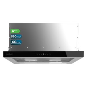 cecotec bolero flux tlt 605500 glass black a++ campana extractora telescopica de 60cm 70w succion 550m3/h luz led pantalla led incluye accesorios filtros de carbono incluidos color negro