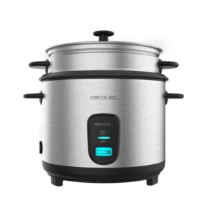cecotec ricefusion 7000 inox arrocera 700w capacidad 1.8l cubeta extraible antiadherente acero inoxidable tapa de cristal cuchara color negro y acero