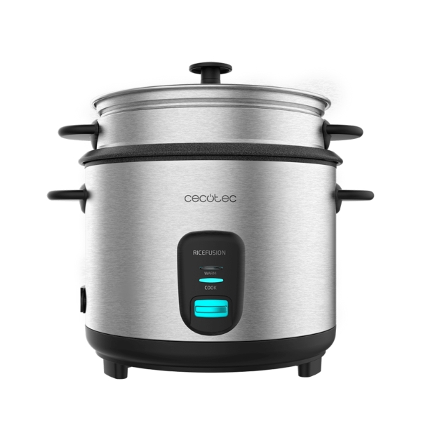 cecotec ricefusion 7000 inox arrocera 700w capacidad 1.8l cubeta extraible antiadherente acero inoxidable tapa de cristal cuchara color negro y acero