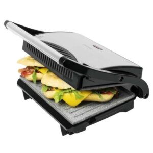 cecotec rock'n grill parrilla electrica 700w antiadherente asa tacto frio base antideslizante hueco recogecables superficie cocinado 23x14.5cm color negro y plata