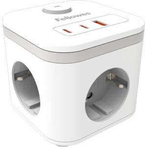 fellowes cubo multienchufes de sobremesa con 3 tomas 230v + 2x usb c 20w max. 1x usb a 18w max. cable de 2m interruptor on/off color blanco