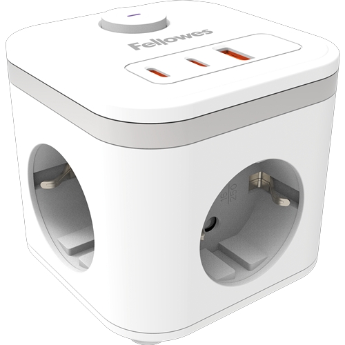 fellowes cubo multienchufes de sobremesa con 3 tomas 230v + 2x usb c 20w max. 1x usb a 18w max. cable de 2m interruptor on/off color blanco