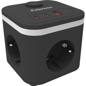 fellowes cubo multienchufes de sobremesa con 3 tomas 230v + 2x usb c 20w max. 1x usb a 18w max. cable de 2m interruptor on/off color negro
