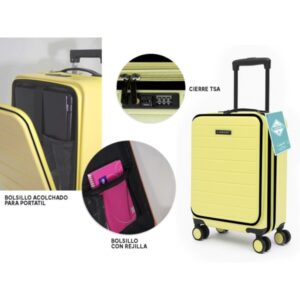 lagart maleta trolley pocket de cabina rigida 20” 55x34x25cm compartimento frontal acolchado para portatil cierre tsa ruedas dobles 360º color amarillo pastel