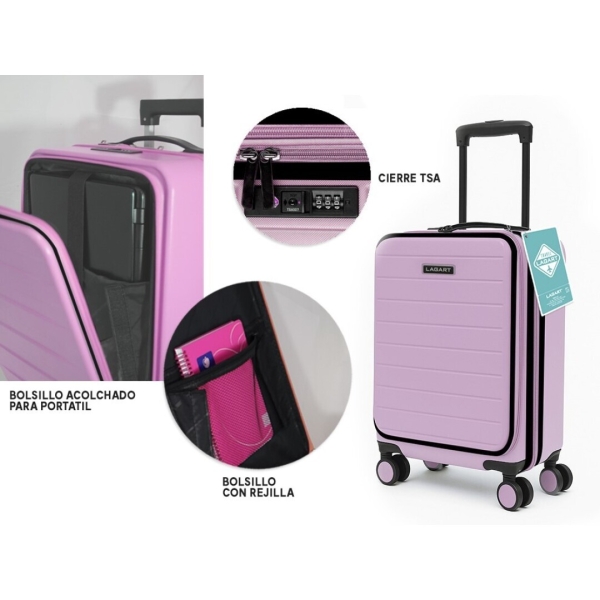 lagart maleta trolley pocket de cabina rigida 20” 55x34x25cm compartimento frontal acolchado para portatil cierre tsa ruedas dobles 360º color rosa pastel