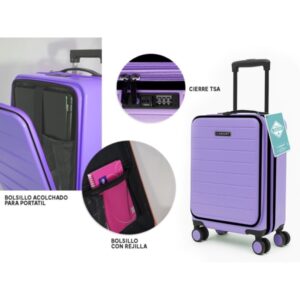 lagart maleta trolley pocket de cabina rigida 20” 55x34x25cm compartimento frontal acolchado para portatil cierre tsa ruedas dobles 360º color lila pastel