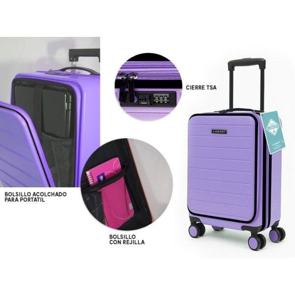 lagart maleta trolley pocket de cabina rigida 20” 55x34x25cm compartimento frontal acolchado para portatil cierre tsa ruedas dobles 360º color lila pastel