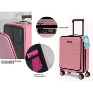 lagart maleta trolley pocket de cabina rigida 20” 55x34x25cm compartimento frontal acolchado para portatil cierre tsa ruedas dobles 360º color salmon pastel