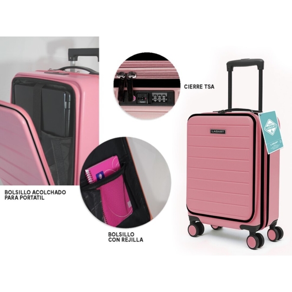 lagart maleta trolley pocket de cabina rigida 20” 55x34x25cm compartimento frontal acolchado para portatil cierre tsa ruedas dobles 360º color salmon pastel