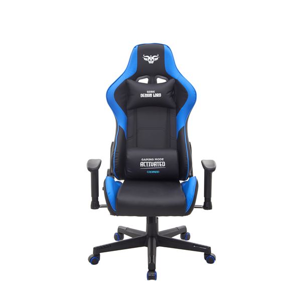 cromad serie demon lord silla gaming estructura robusta piel sintetica de alta calidad altura regulable con piston de gas clase 2 respaldo reclinable cojin lumbar y cervical reposabrazos regulables color negro/azul