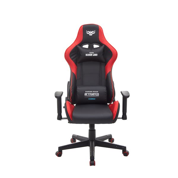 cromad serie demon lord silla gaming estructura robusta piel sintetica de alta calidad altura regulable con piston de gas clase 2 respaldo reclinable cojin lumbar y cervical reposabrazos regulables color negro/rojo