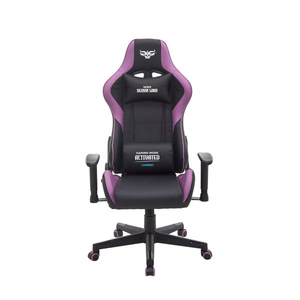 cromad serie demon lord silla gaming estructura robusta piel sintetica de alta calidad altura regulable con piston de gas clase 2 respaldo reclinable cojin lumbar y cervical reposabrazos regulables color negro/violeta