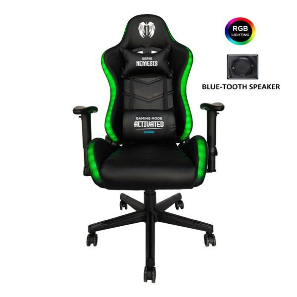 cromad serie nemesis silla gaming rgb estructura robusta piel sintetica de alta calidad altura regulable con piston de gas clase 2 respaldo reclinable cojin lumbar y cervical reposabrazos regulables altavoces bluetooth color negro