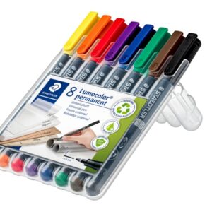 staedtler lumocolor 318 pack de 8 rotuladores permanentes punta fina redonda trazo 0.6mm capuchon con clip secado rapido colores surtidos