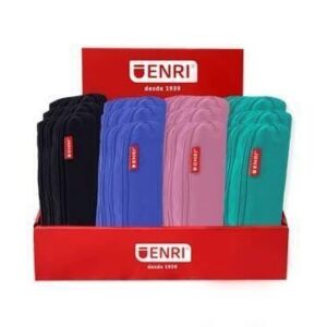 enri expositor de 20 estuches portatodo de 3 compartimentos fabricados en poliester colores negro, rosa, azul y verde