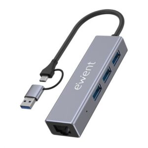 ewent adaptador de red usb c + usb a/m 3.2 gen1 a ethernet gigabit 10/100/1000 mbps + hub 3xusb a 3.2 gen1 15 cm color gris