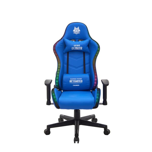 cromad serie fenrir silla gaming rgb estructura robusta piel sintetica de alta calidad altura regulable con piston de gas clase 2 respaldo reclinable cojin lumbar y cervical reposabrazos regulables color azul